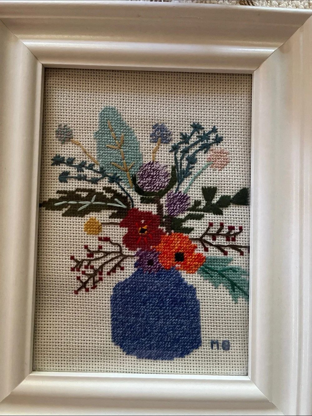 Handcrafted Blue Vase Cross-Stitch in White Frame